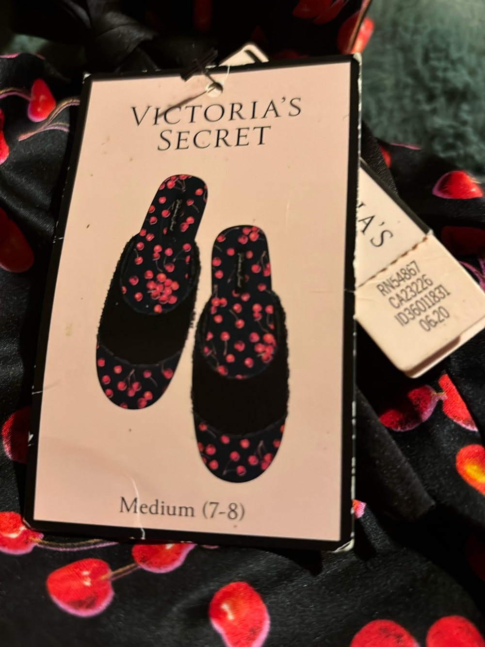 Victoria's Secret Black Slip-On Slippers with Red Cherry Print